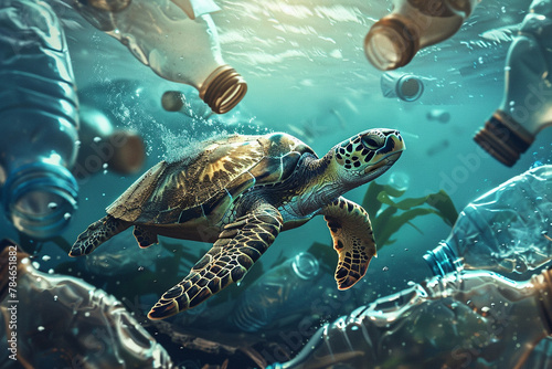 sea turtle with plastic pollution  