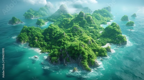 Lush Tropical Island Paradise with Towering Rainforest Generative AI