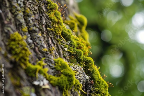 Close-up of moss and lichen on a tree trunk