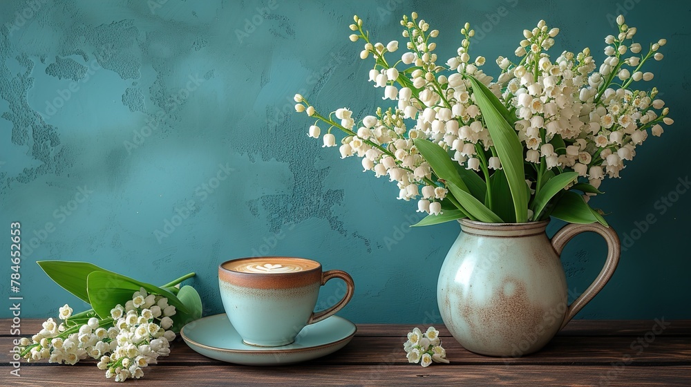 A cozy home office desk with a coffee cup and a bouquet of spring flowers A cozy home office desk with a coffee cup and a bouquet of spring flowers