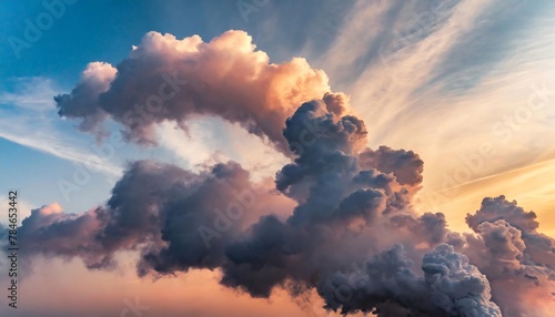 A large, dark smoke plume rises against a sunset sky, highlighting environmental concerns.