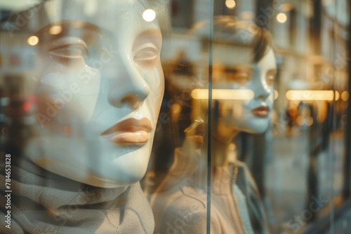beige mannequins are visible through large glass windows of an elegant boutique, illuminated by warm sunlight 