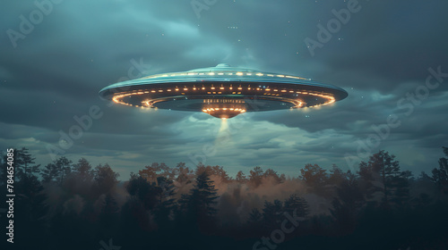 A flying saucer with lights over a forest