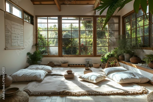 A spacious Japanese-style meditation room with large windows, adorned with plants and natural materials like wood accents and linen cushions. Ai generated