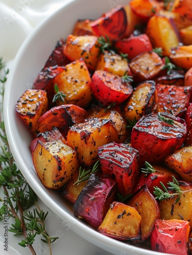 Roasted Root Vegetables on White Backdrop with Soft Lighting Generative AI photo