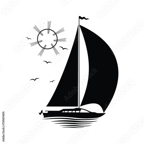 Sailing yacht at sea with waves surrounded by seagulls. Vector on transparent background