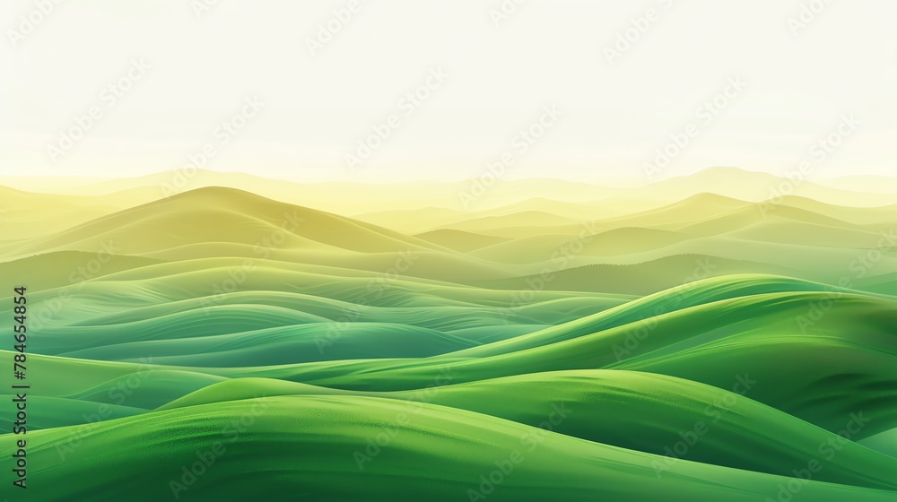 An abstract vector banner of organic green hills and mountains at dusk, hazy sky, wallpaper illustration An abstract vector banner of organic green hills and mountains at dusk, hazy sky, wallpaper illustration