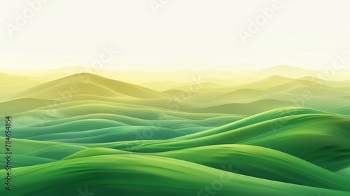 An abstract vector banner of organic green hills and mountains at dusk, hazy sky, wallpaper illustration © Face Off Design
