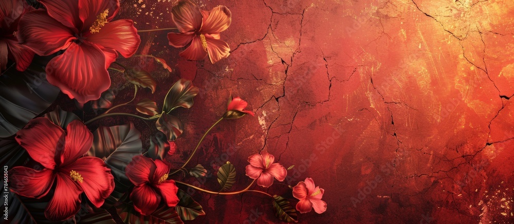 Vibrant artwork of red blossoms on twisted branches against a textured, dark red and blue backdrop with golden accents. - obrazy, fototapety, plakaty 