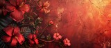 Vibrant artwork of red blossoms on twisted branches against a textured, dark red and blue backdrop with golden accents.
