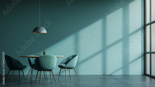 Meeting area or diningroom for 4 places round table and teal cyan chairs. Empty wall turquoise azure paint color accent. Dinning modern kitchen interior home or cafe. photo
