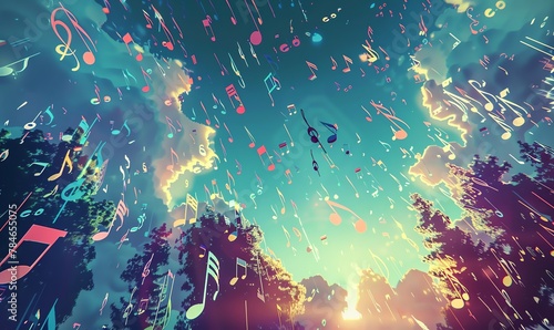 Illustrate a fantastical world of musical notes floating in the sky, viewed from an unexpected low-angle perspective, created with a pixel art style for a modern twist