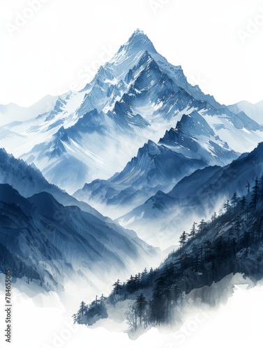 Serene Snowy Mountains in Ethereal Ink Wash Style Generative AI © Alex