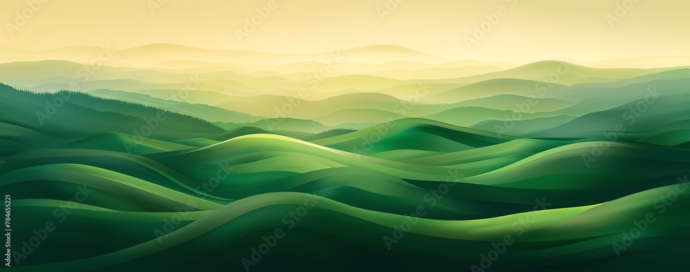 Abstract organic green hills and mountains, hazy dusk effect. wallpaper background illustration, climate change concept. - obrazy, fototapety, plakaty 
