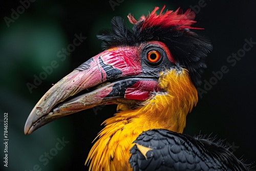 Vibrant bird displaying colorful feathers, close-up shot against a dark black background