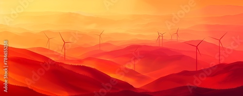 Abstract organic red and orange lines with wind turbines,  hazy dusk effect. wallpaper background illustration, climate change concept. photo