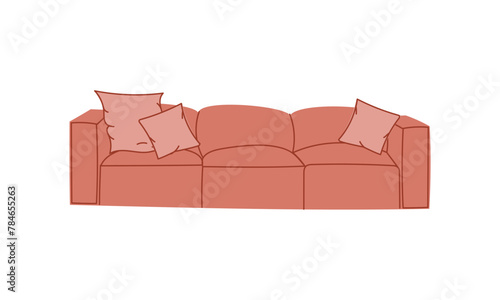 Fashionable pink sofa with retro style pillows. A modern collection of upholstered furniture. Flat vector illustration