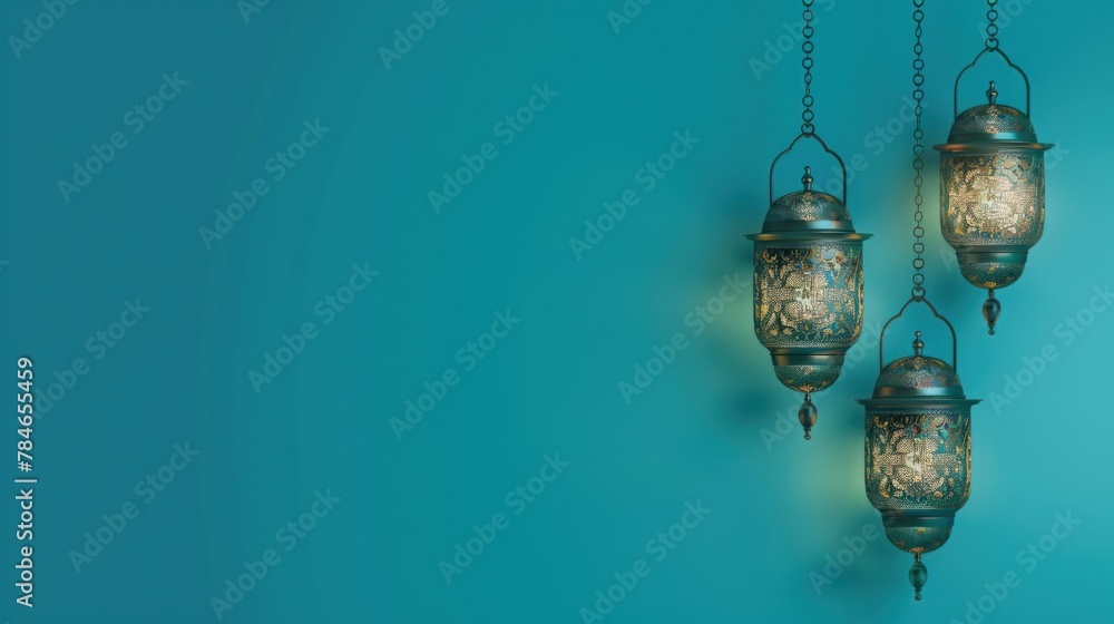 Ramadan Kareem with golden crescent moon, golden lantern, islamic decorative elements template Ramadan Kareem with golden crescent moon, golden lantern, islamic decorative elements template