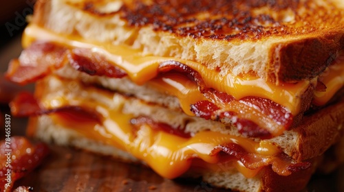 A close-up of a grilled cheese and bacon sandwich photo