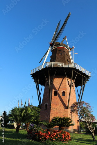 Iconic windmill representing the dutch immigration, in the city of Holambra, São Paulo, Brazil.
