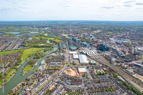 Sunny day in Caversham, Downtown Reading, and railway station, Berkshire, South of England. beautiful aerial view © gormakuma