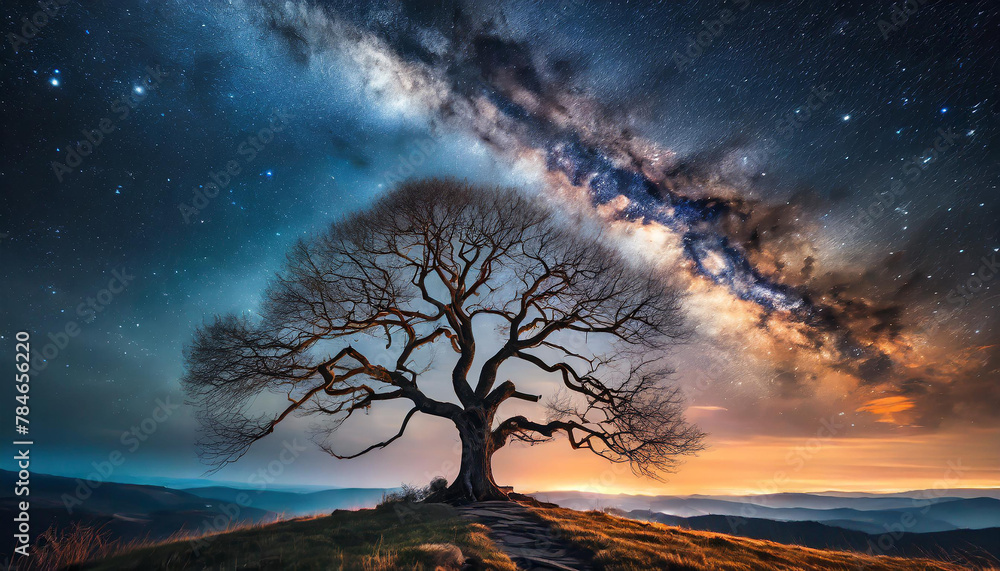 Mysterious night scene of dark blue starry sky with leafless tree. Natural landscape. Mysterious night scene of dark blue starry sky with leafless tree. Natural landscape.