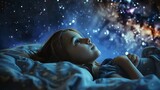 Stargazing Depict a young girl lying on a blanket under the night sky, gazing up at the stars with wonder and awe, feeling a sense of peace and solitude in the vastness of the universe