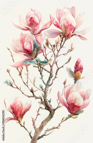 Vibrant Magnolia Floral Watercolor Painting Generative AI