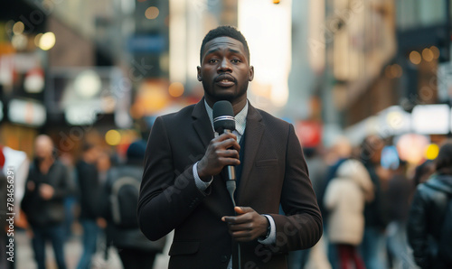 Man public black speaker giving speech in front of tv camera or breaking news reporter covering live news media and television press headlines standing in the middle of the street holding microphone photo