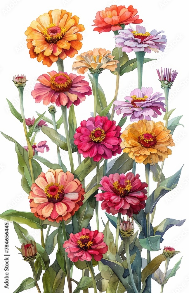 Vibrant Zinnias in Watercolor Botanical Illustration Generative AI
