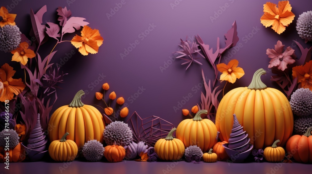 Autumnal Display with Pumpkins and Flowers on a Purple Background Autumnal Display with Pumpkins and Flowers on a Purple Background