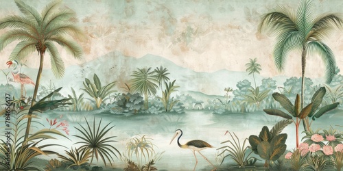 wallpaper jungle and leaves tropical forest birds old drawing vintage © Andrus Ciprian