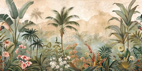 wallpaper jungle and leaves tropical forest birds old drawing vintage - generative ai  