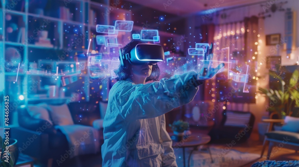 An individual wearing a VR headset, immersed in a virtual reality experience, their living room transformed into an interactive digital environment. An individual wearing a VR headset, immersed in a virtual reality experience, their living room transformed into an interactive digital environment.