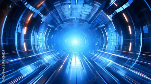 Experience the thrill of technological innovation with an abstract futuristic HUD tunnel  pulsating with dynamic motion graphics of data centers  servers  and high-speed internet  captured
