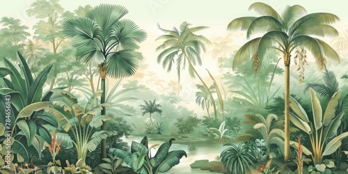 wallpaper jungle and leaves tropical forest birds old drawing vintage