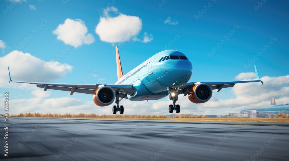 Commercial Airplane Landing on Runway Under Blue Sky