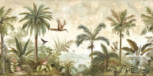 wallpaper jungle and leaves tropical forest birds old drawing vintage