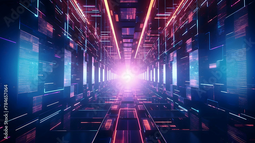 Delve into the realm of technology with an abstract HUD tunnel  where mesmerizing motion graphics of data centers  servers  and internet speed create a visual symphony  all presented in stunning HD by