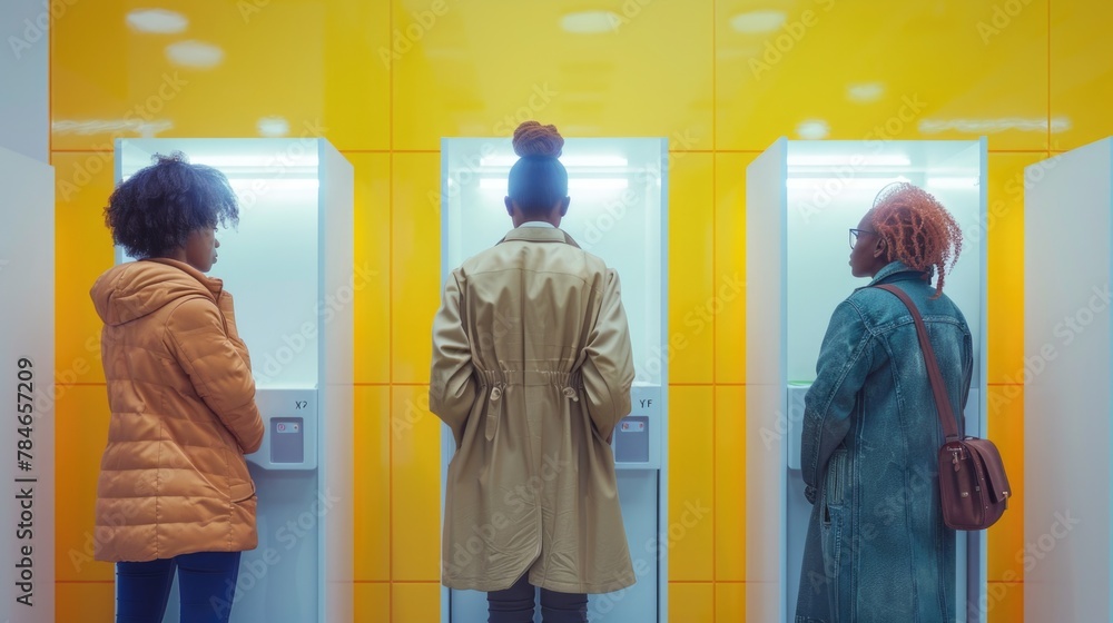 Three Women Using Modern Yellow ATMs in a Row Three Women Using Modern Yellow ATMs in a Row