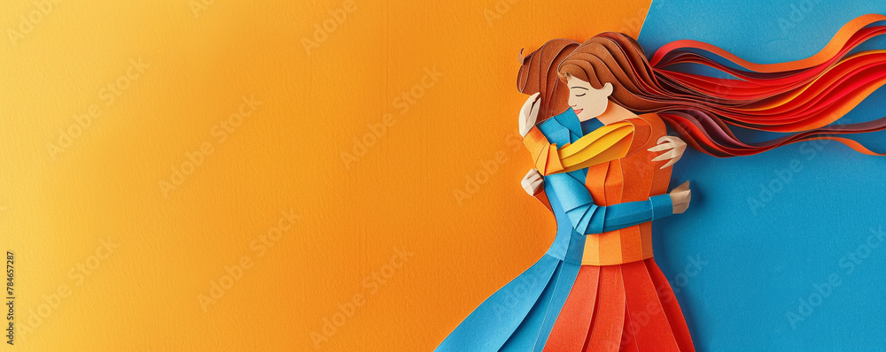 Two women hugging yellow background emotional support couple lesbian sisters love friendship feminism women's day colorful papercraft copy space illustration