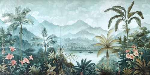 wallpaper jungle and leaves tropical forest birds old drawing vintage  © Andrus Ciprian