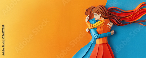 Two women hugging yellow background emotional support couple lesbian sisters love friendship feminism women's day colorful papercraft copy space illustration