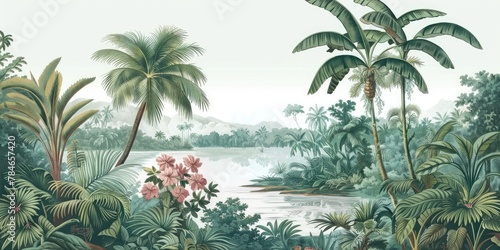 wallpaper jungle and leaves tropical forest birds old drawing vintage 