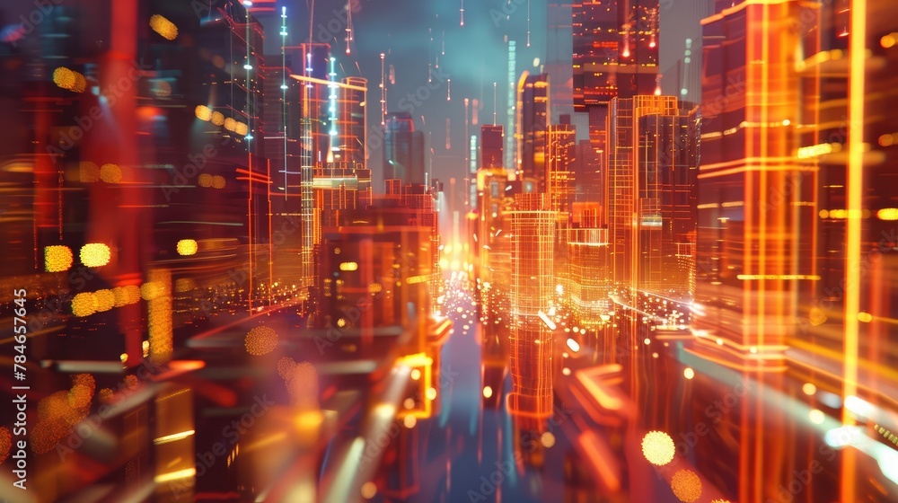 Abstract 3D cityscape with floating buildings and light trails Abstract 3D cityscape with floating buildings and light trails