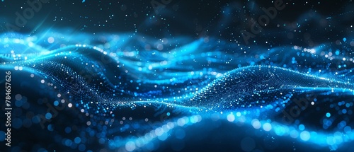 Abstract technology communication concept, vector background with swirling digital lines, glowing nodes, cool blue tones.