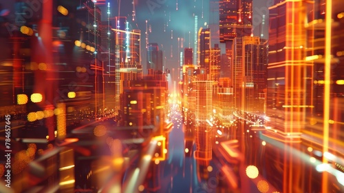 Abstract 3D cityscape with floating buildings and light trails