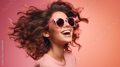 Joyful Woman with Flowing Hair and Pink Sunglasses on Vibrant Background