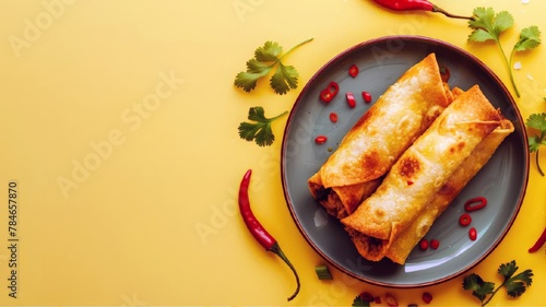 Mexican beef taquitos with vegetables, cilantro and salsa on yellow background. Traditional Latin American mexican kitchen. top view, with place for text. photo
