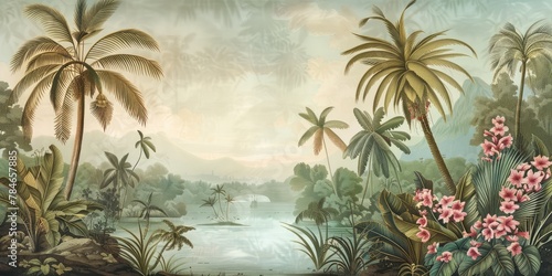 wallpaper jungle and leaves tropical forest birds old drawing vintage 